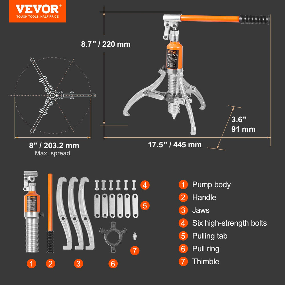 VEVOR Hydraulic Gear Puller, 5 Ton Max Capacity Wheel Bearing Pulling Separator, 2 or 3 Jaws Puller, Vertically and Horizontally, 20.32 cm Jaw Hydraulic Puller with Case for Pulling Hubs