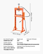 VEVOR Hydraulic Shop Press, 20 T H-Frame Pneumatic Shop Press with Press Plate, Stable Garage Floor Adjustable Hydraulic Press with Triangular Support, Fit for Bending, Straightening & Stamping
