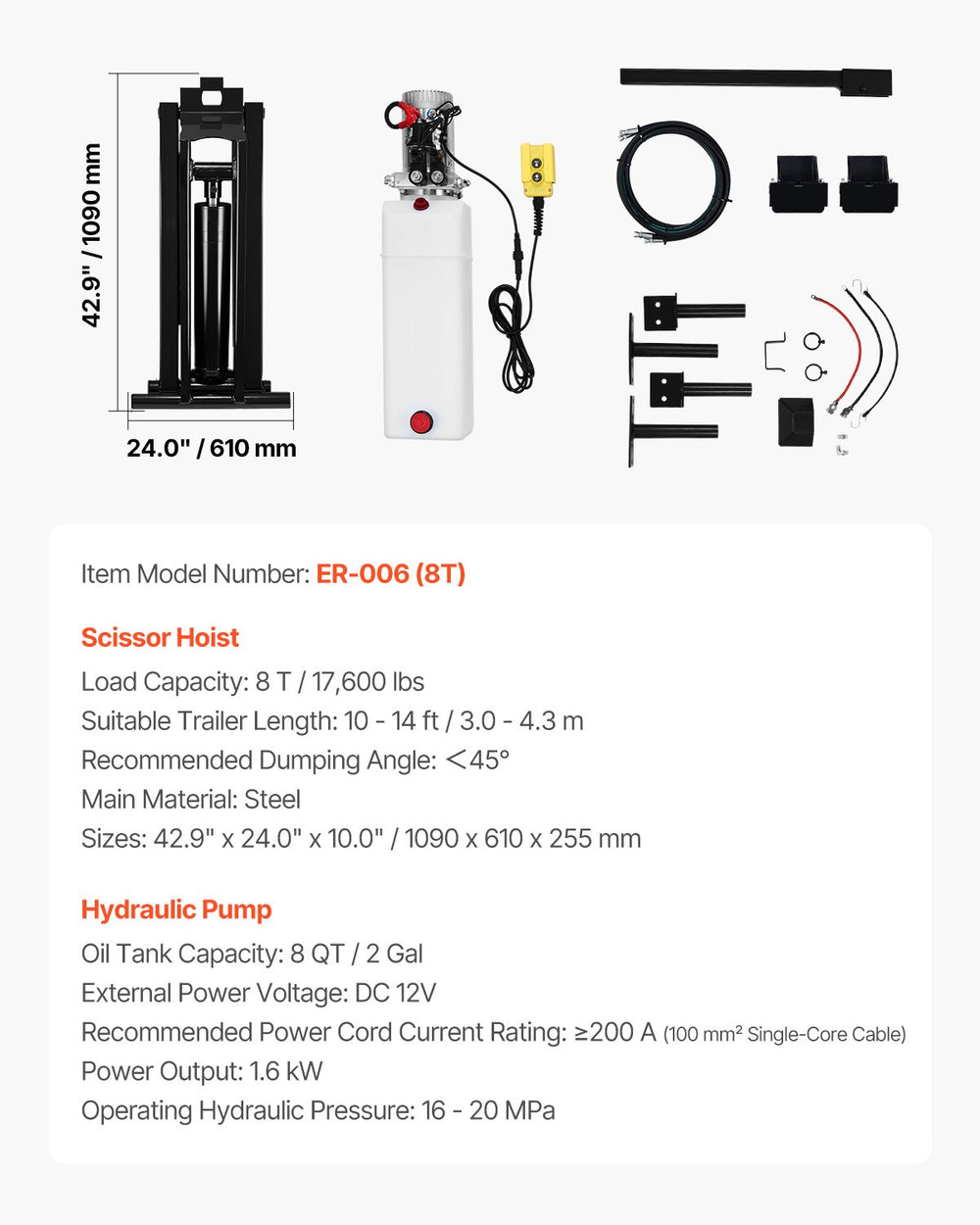 VEVOR Hydraulic Dump Lift Kit, 17,600 lb/8 T Dump Trailer Hydraulic Scissor Hoist Kit Standard Kit, Hydraulic Dump Bed Kit with 12V Hydraulic Pump Unit Suitable for Scissor Lift Dump Trailers Trucks
