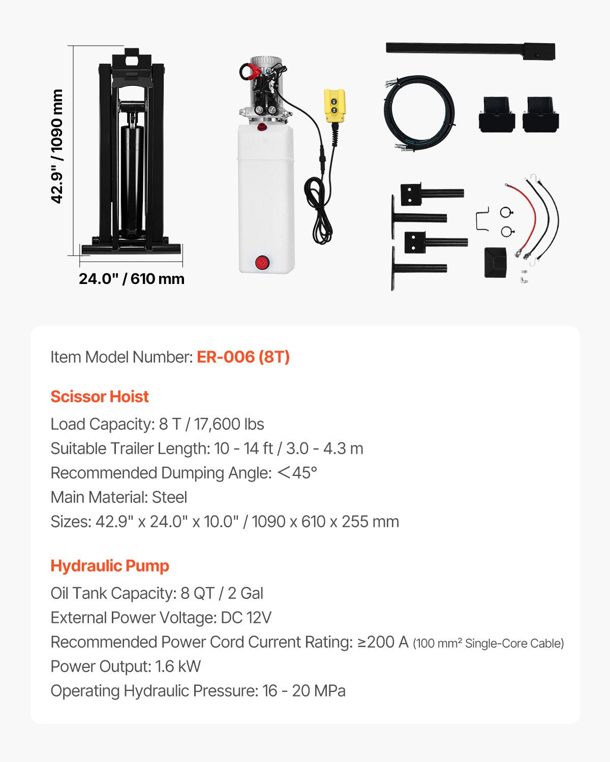 VEVOR Hydraulic Dump Lift Kit, 17,600 lb/8 T Dump Trailer Hydraulic Scissor Hoist Kit Standard Kit, Hydraulic Dump Bed Kit with 12V Hydraulic Pump Unit Suitable for Scissor Lift Dump Trailers Trucks