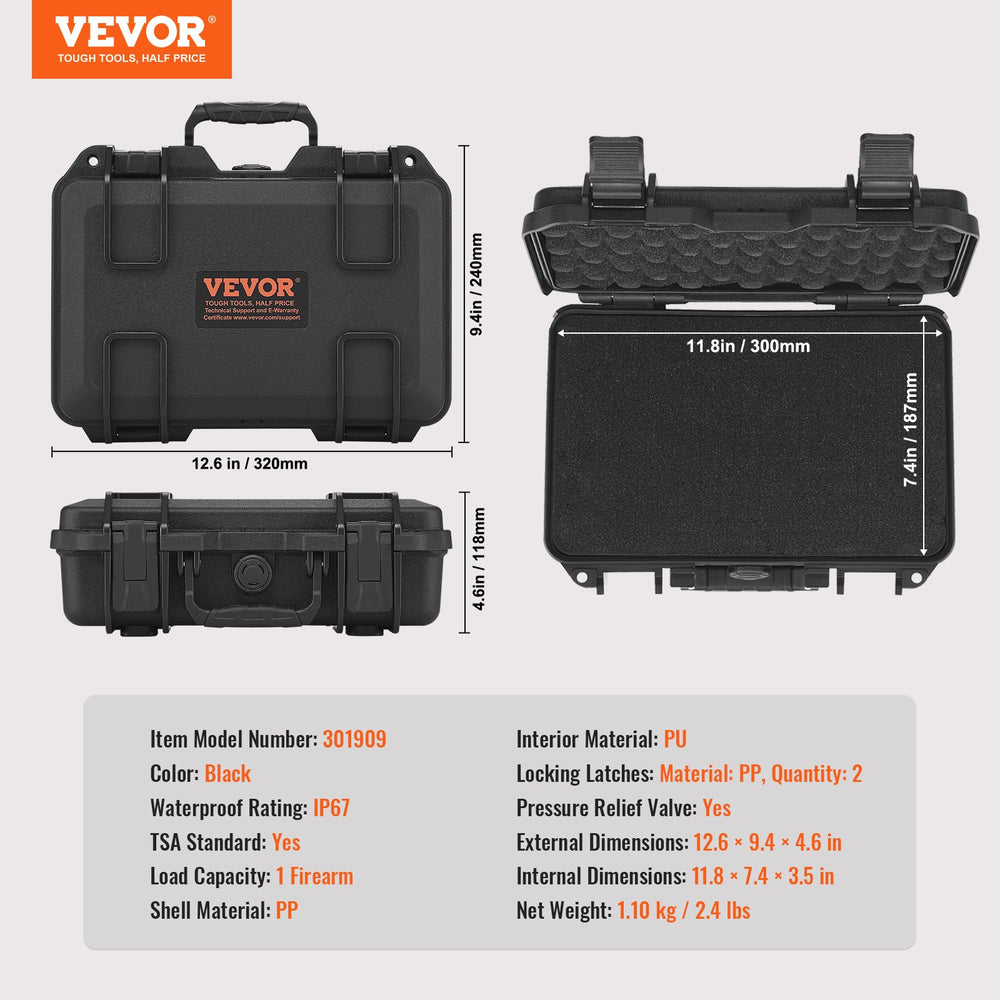 VEVOR Hard Pistol Cases with Pre-cut PU Foam, Waterproof & Dustproof Hard Gun Case for 1 Pistol, 12.59×9.01×4.4 in Lockable Pistol Case, Black