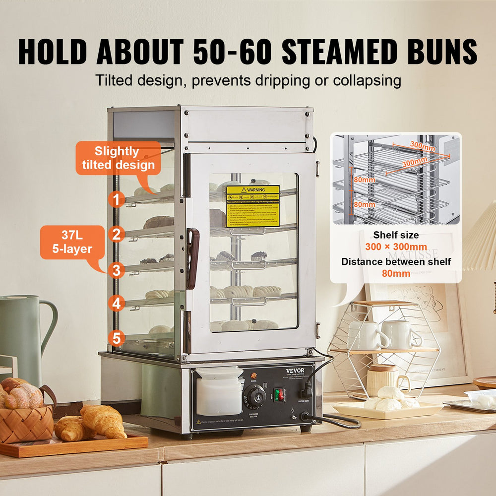 VEVOR Commercial Food Warmer Display, 5-Tier Food Steamer Bun Warmer Machine, 30℃~110℃ Temperature Control, Stainless Steel Steamed Buns Warmer with LED, Steam Heating for Steamed Buns Siomai Corn