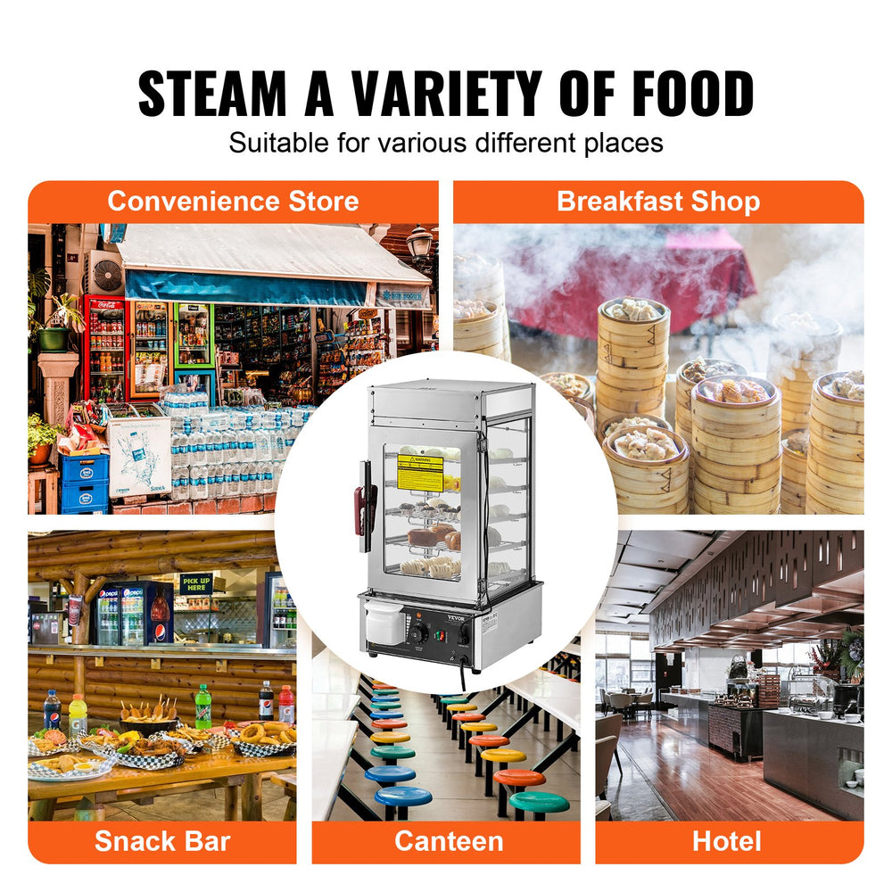 VEVOR Commercial Food Warmer Display, 5-Tier Food Steamer Bun Warmer Machine, 30℃~110℃ Temperature Control, Stainless Steel Steamed Buns Warmer with LED, Steam Heating for Steamed Buns Siomai Corn