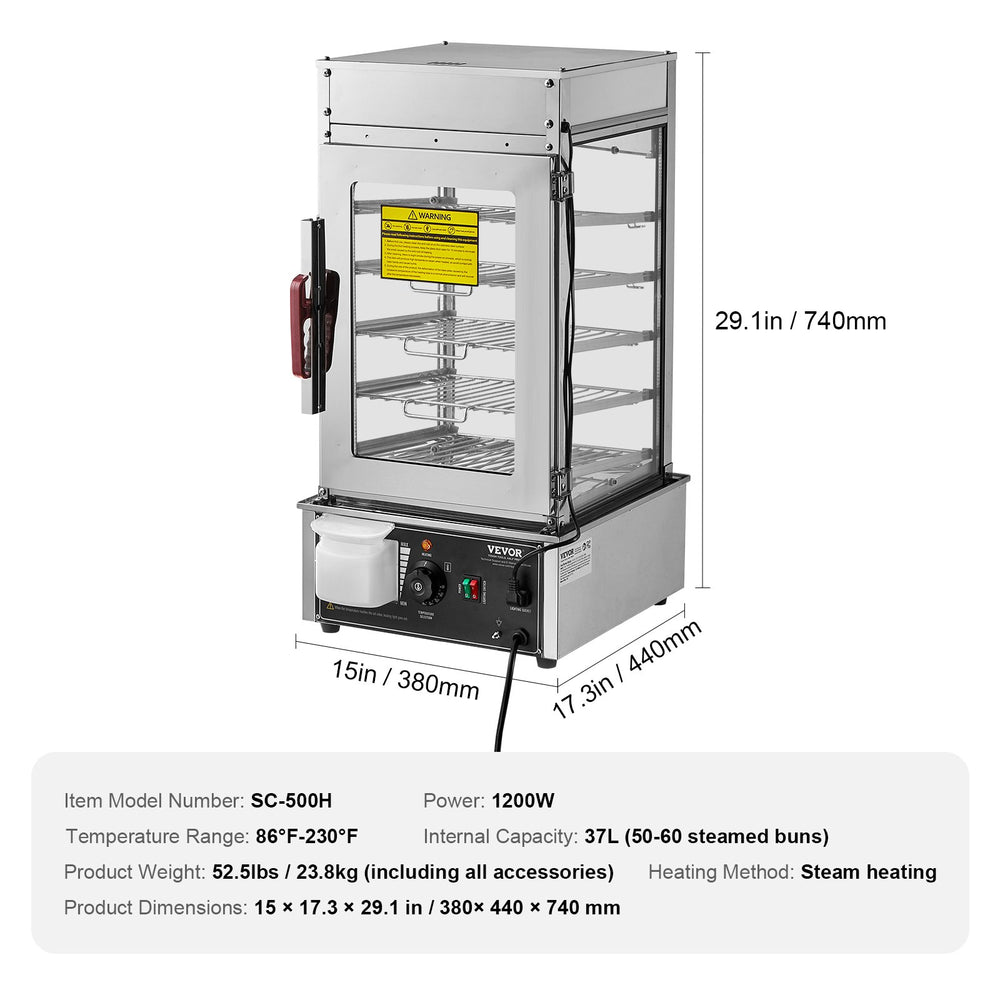VEVOR Commercial Food Warmer Display, 5-Tier Food Steamer Bun Warmer Machine, 30℃~110℃ Temperature Control, Stainless Steel Steamed Buns Warmer with LED, Steam Heating for Steamed Buns Siomai Corn