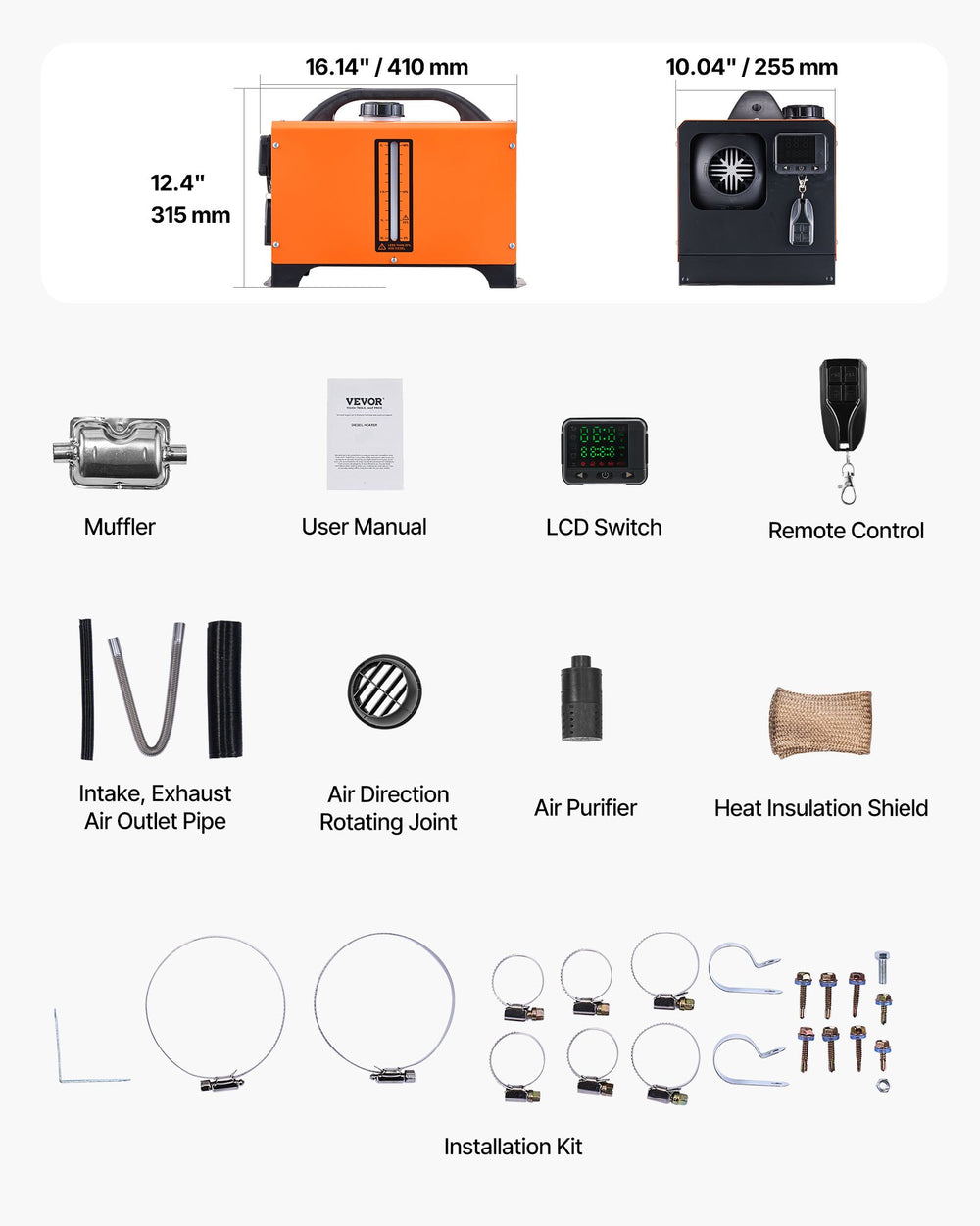 VEVOR Diesel Air Heater, 8 kW DC12-24V, Fast Heating Diesel Heater with Remote Control and Square Color Digital Display, Low Noise, Voice Announcement