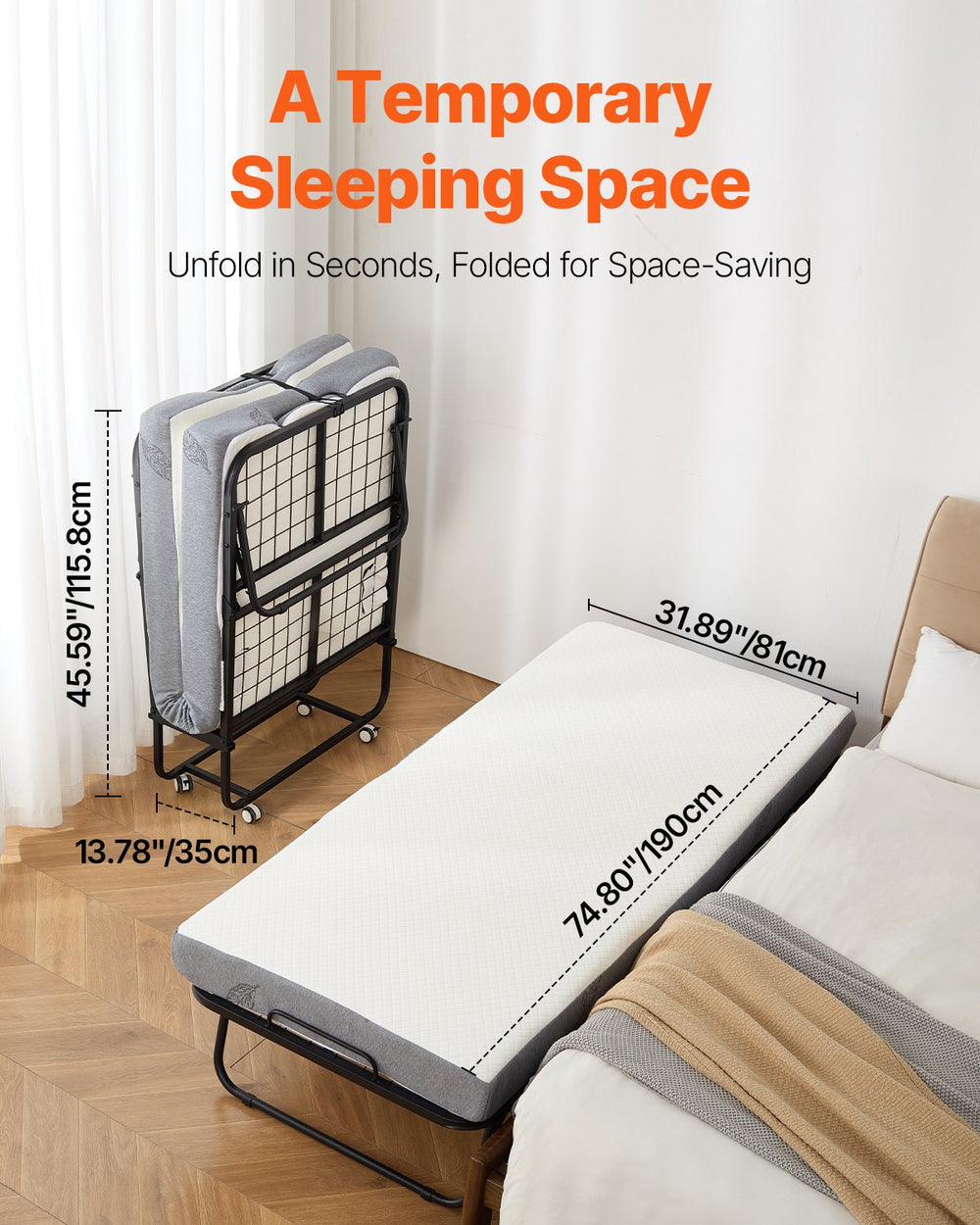 VEVOR Rollaway Bed, 31 in x 75 in Folding Bed with 4 in Mattress, Twin Size Foldable Bed with Sturdy Metal Frame & Memory Foam Mattress, Portable Twin Roll Away Bed with Mattress, for Adults, Guest
