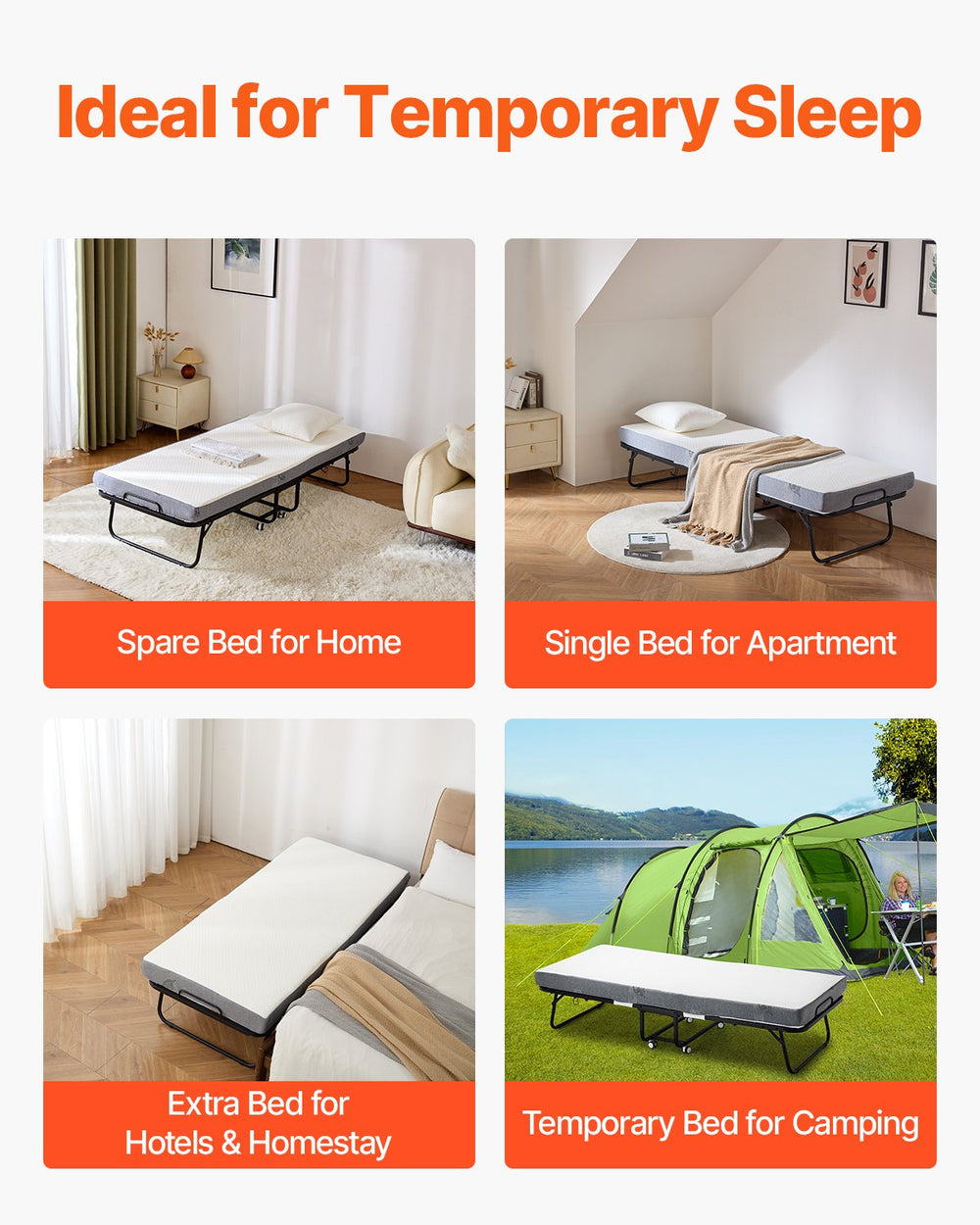 VEVOR Rollaway Bed, 31 in x 75 in Folding Bed with 4 in Mattress, Twin Size Foldable Bed with Sturdy Metal Frame & Memory Foam Mattress, Portable Twin Roll Away Bed with Mattress, for Adults, Guest
