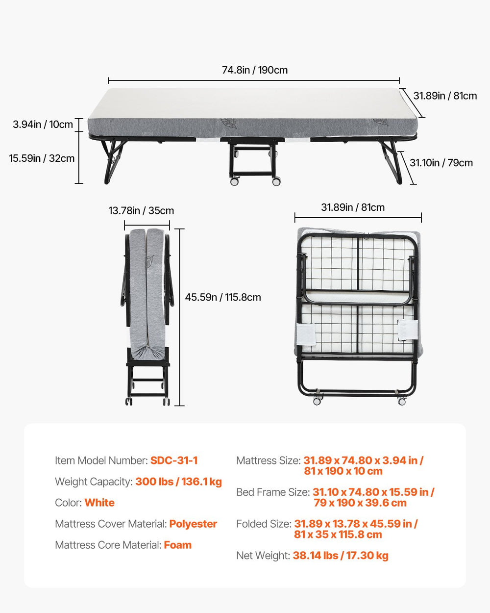VEVOR Rollaway Bed, 31 in x 75 in Folding Bed with 4 in Mattress, Twin Size Foldable Bed with Sturdy Metal Frame & Memory Foam Mattress, Portable Twin Roll Away Bed with Mattress, for Adults, Guest