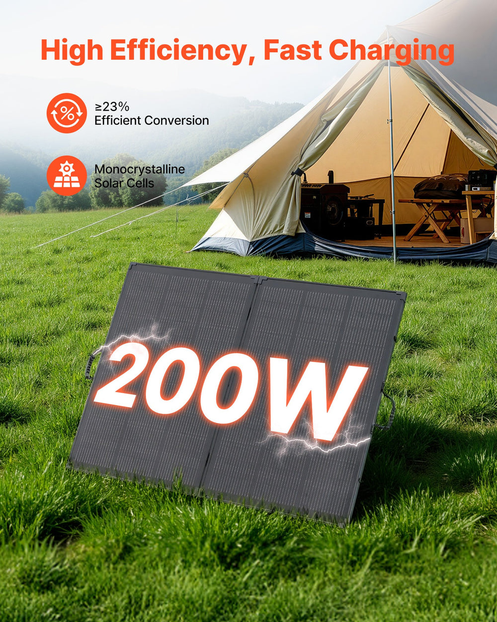 VEVOR 200W Foldable Solar Panel with Frame, 23% High-Efficiency Portable Monocrystalline Solar Panel Charger with 30A PWM Controller & MC4 Output, IP67 Waterproof for Camping, Hiking, RV Trips