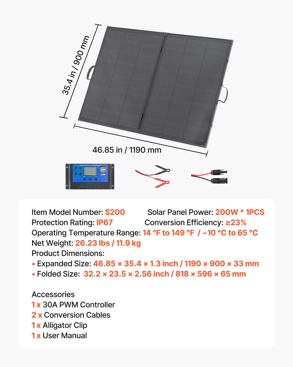 VEVOR 200W Foldable Solar Panel with Frame, 23% High-Efficiency Portable Monocrystalline Solar Panel Charger with 30A PWM Controller & MC4 Output, IP67 Waterproof for Camping, Hiking, RV Trips