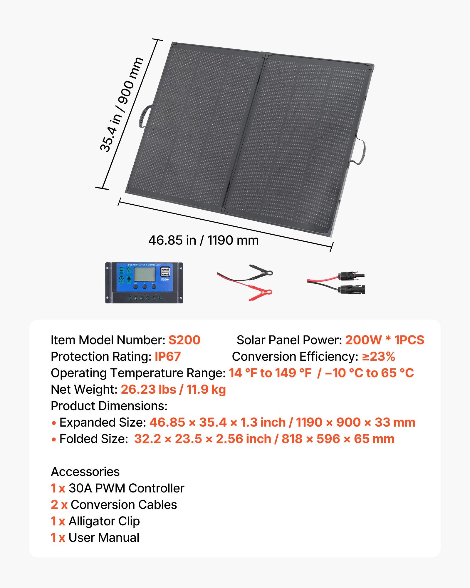 VEVOR 200W Foldable Solar Panel with Frame, 23% High-Efficiency Portable Monocrystalline Solar Panel Charger with 30A PWM Controller & MC4 Output, IP67 Waterproof for Camping, Hiking, RV Trips
