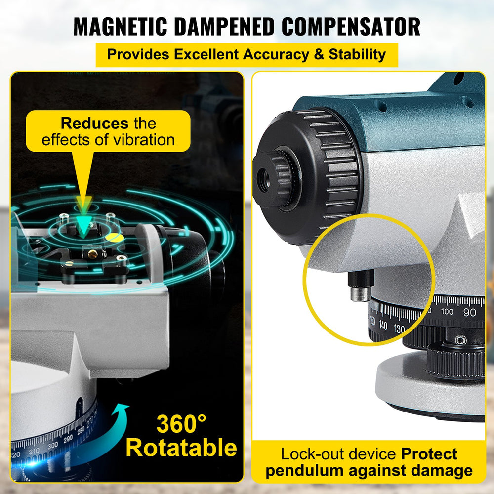 VEVOR Automatic Optical Level, 24X, 40 mm Aperture Auto Level Kit with Magnetic Dampened Compensator and Transport Lock, Height Distance Angle Measuring Tool with Hard Plastic Case, IP54 Waterproof