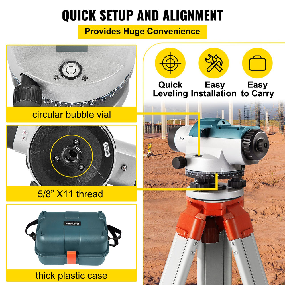VEVOR Automatic Optical Level, 24X, 40 mm Aperture Auto Level Kit with Magnetic Dampened Compensator and Transport Lock, Height Distance Angle Measuring Tool with Hard Plastic Case, IP54 Waterproof