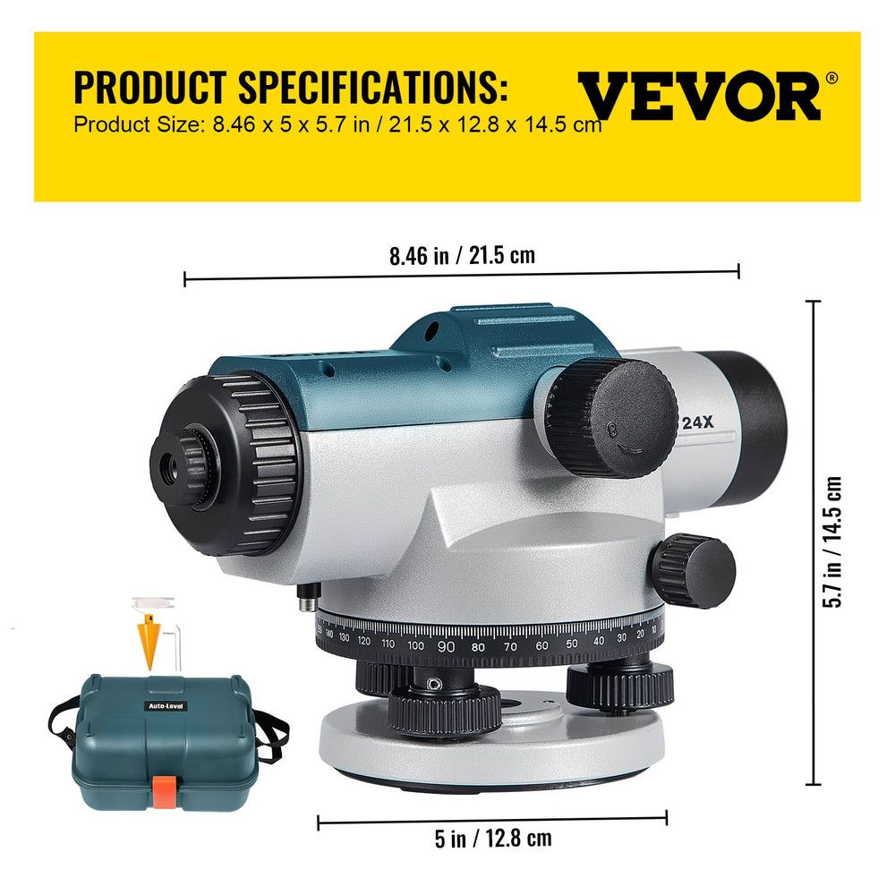 VEVOR Automatic Optical Level, 24X, 40 mm Aperture Auto Level Kit with Magnetic Dampened Compensator and Transport Lock, Height Distance Angle Measuring Tool with Hard Plastic Case, IP54 Waterproof