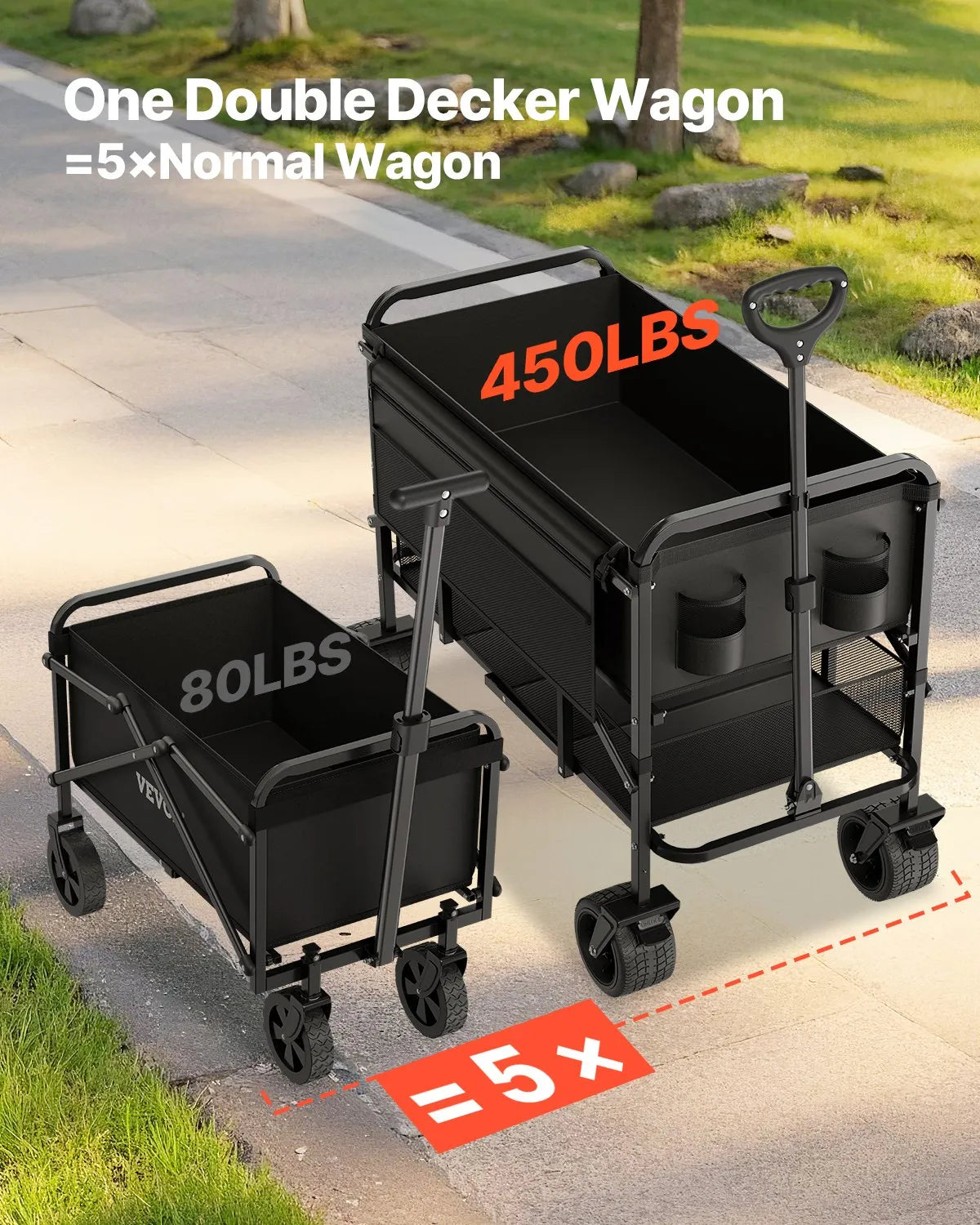 VEVOR Double Decker Wagon Collapsible, 400L Heavy Duty Folding Wagon Cart, Extended Long Garden Cart with All-Terrain Wheels, Support Up to 450lbs, Outdoor Utility Wagon for Camping, Sports, Shopping