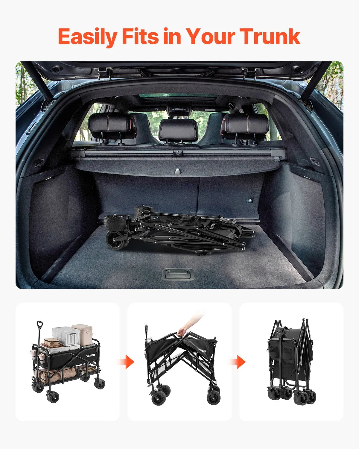 VEVOR Double Decker Wagon Collapsible, 400L Heavy Duty Folding Wagon Cart, Extended Long Garden Cart with All-Terrain Wheels, Support Up to 450lbs, Outdoor Utility Wagon for Camping, Sports, Shopping