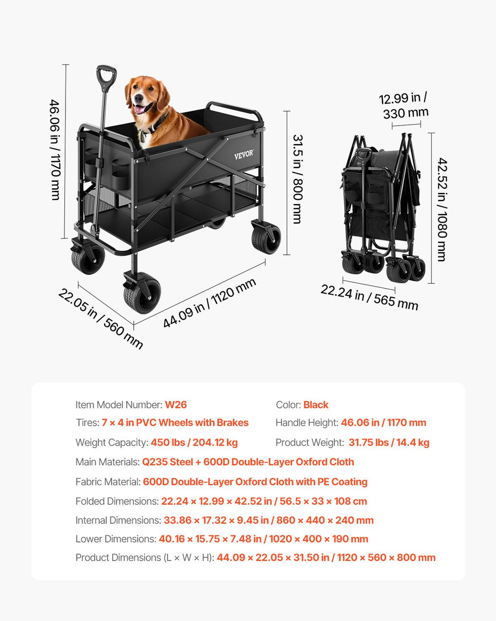 VEVOR Double Decker Wagon Collapsible, 400L Heavy Duty Folding Wagon Cart, Extended Long Garden Cart with All-Terrain Wheels, Support Up to 450lbs, Outdoor Utility Wagon for Camping, Sports, Shopping