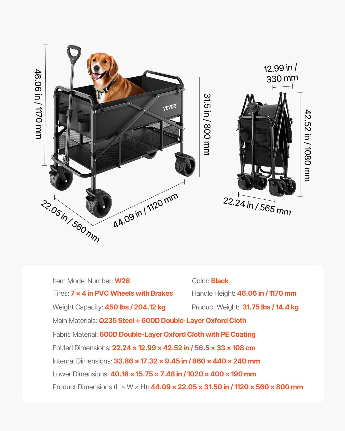 VEVOR Double Decker Wagon Collapsible, 400L Heavy Duty Folding Wagon Cart, Extended Long Garden Cart with All-Terrain Wheels, Support Up to 450lbs, Outdoor Utility Wagon for Camping, Sports, Shopping