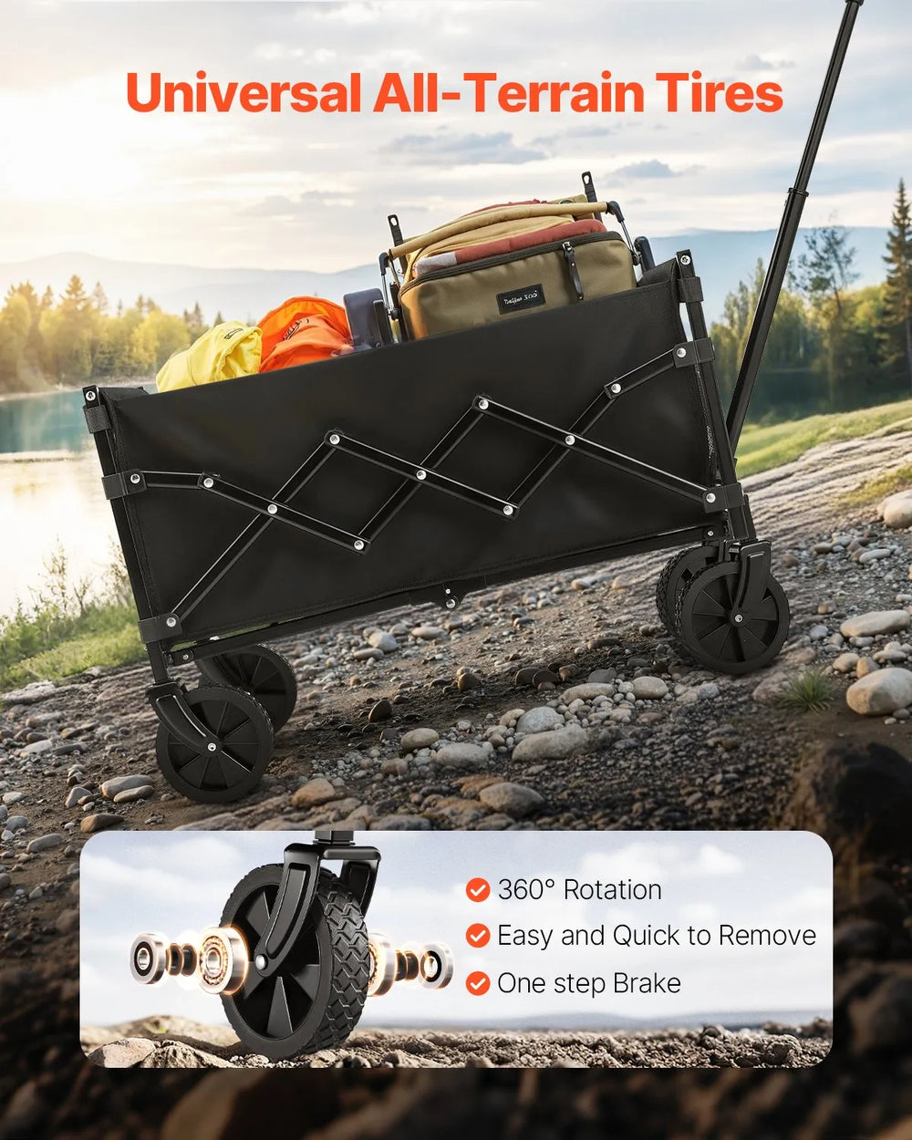 VEVOR Collapsible Wagon Carts, 120L & 225LBS Folding Wagons with All-Terrain Wheels, Heavy Duty Outdoor Utility Cart with Adjustable Handle, Portable Camping Cart for Beach Grocery Garden Black