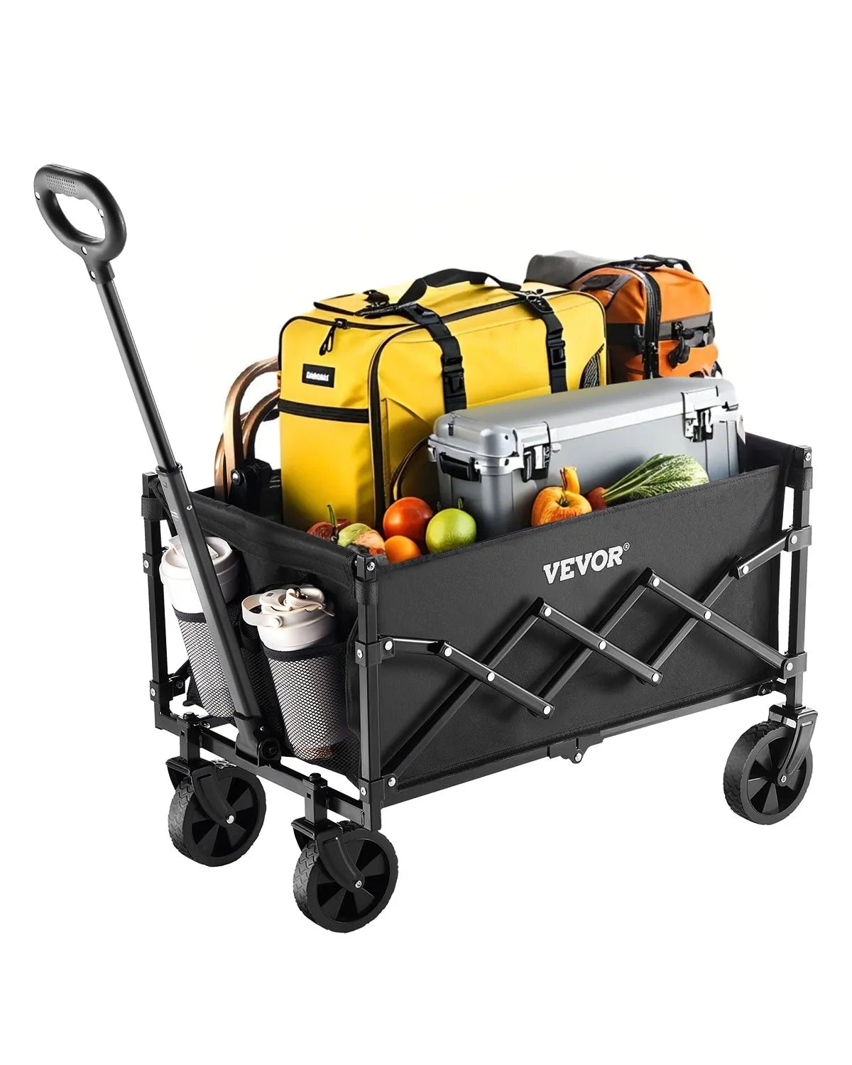 VEVOR Collapsible Wagon Carts, 120L & 225LBS Folding Wagons with All-Terrain Wheels, Heavy Duty Outdoor Utility Cart with Adjustable Handle, Portable Camping Cart for Beach Grocery Garden Black