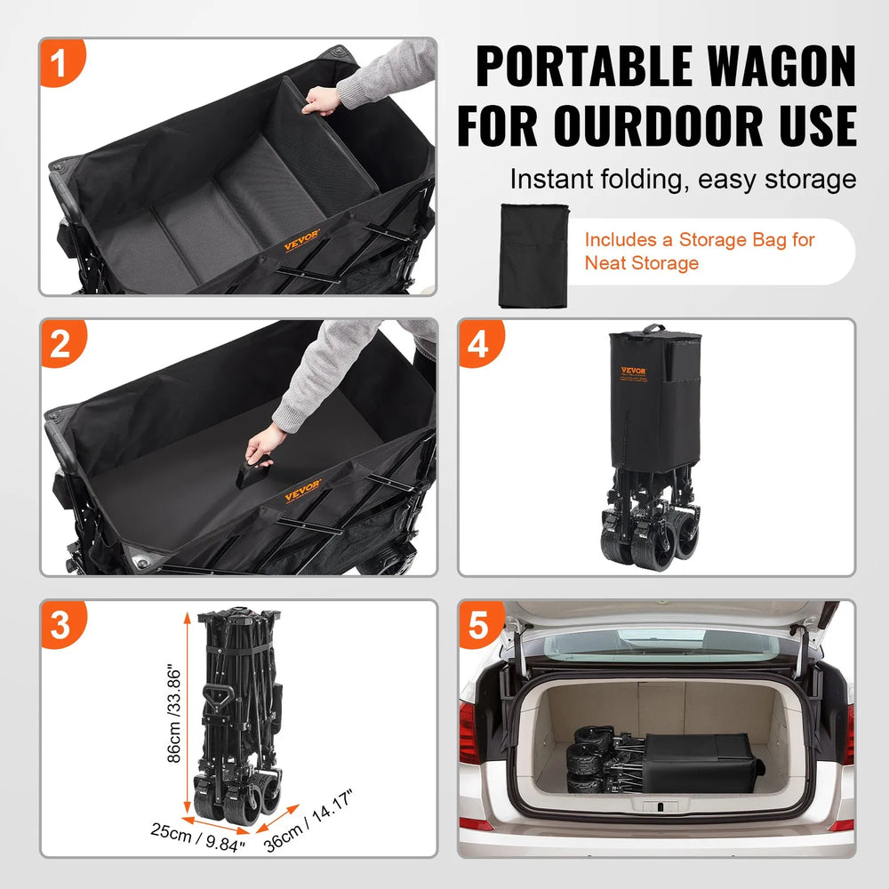 VEVOR Foldable Double Decker Wagon, 400L Collapsible Wagon Cart with All-Terrain Wheels, Heavy Duty Folding Wagon Cart 350-450 lb Weight Capacity for Camping, Shopping, Garden, 52" Extra Long Extender