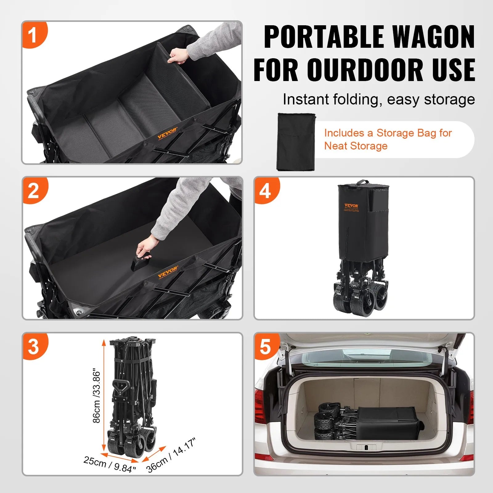 VEVOR Foldable Double Decker Wagon, 400L Collapsible Wagon Cart with All-Terrain Wheels, Heavy Duty Folding Wagon Cart 350-450 lb Weight Capacity for Camping, Shopping, Garden, 52" Extra Long Extender