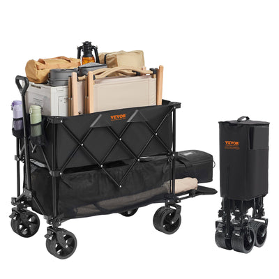 VEVOR Foldable Double Decker Wagon, 400L Collapsible Wagon Cart with All-Terrain Wheels, Heavy Duty Folding Wagon Cart 350-450 lb Weight Capacity for Camping, Shopping, Garden, 52" Extra Long Extender