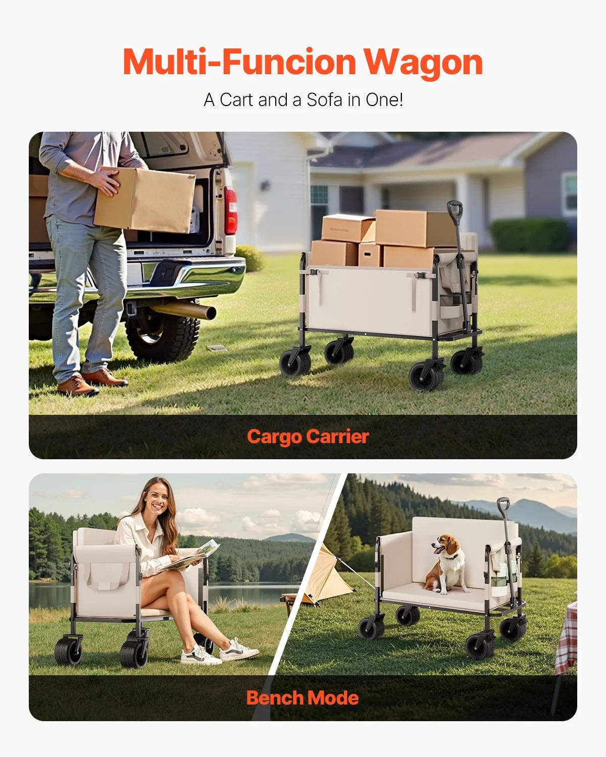 VEVOR Collapsible Folding Wagon, 550lb Load & 220L, 2 in 1 Foldable Wagon Cart Converts to Bench, Utility Wagon with Adjustable Handle, Outdoor Cart for Groceries Shopping, Camping, Gardening