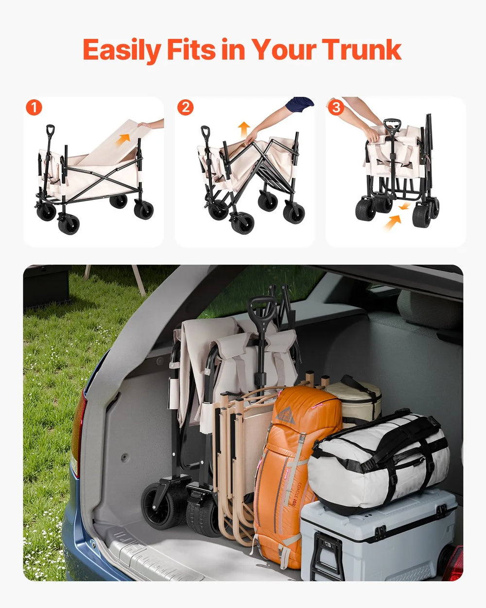 VEVOR Collapsible Folding Wagon, 550lb Load & 220L, 2 in 1 Foldable Wagon Cart Converts to Bench, Utility Wagon with Adjustable Handle, Outdoor Cart for Groceries Shopping, Camping, Gardening