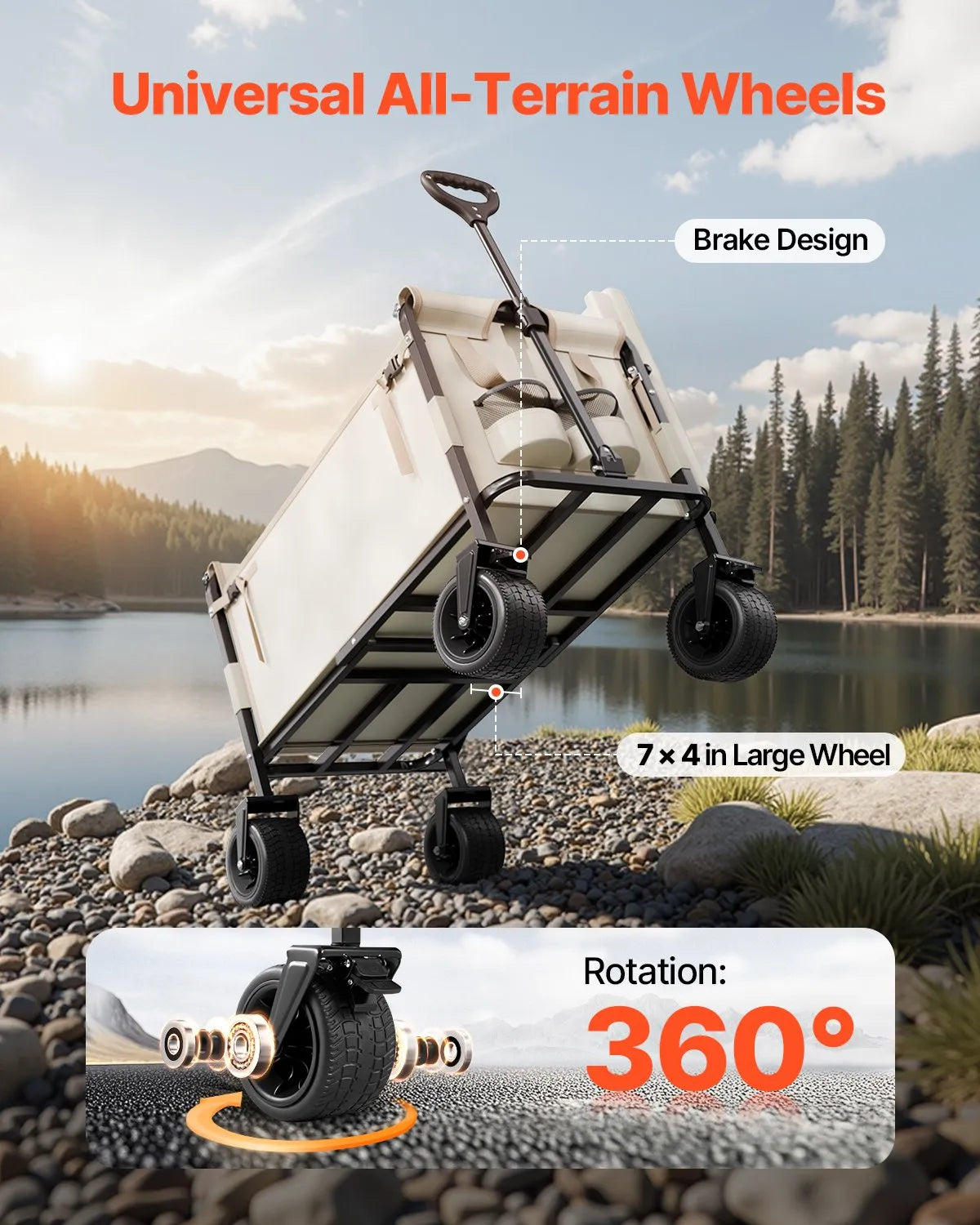 VEVOR Collapsible Folding Wagon, 550lb Load & 220L, 2 in 1 Foldable Wagon Cart Converts to Bench, Utility Wagon with Adjustable Handle, Outdoor Cart for Groceries Shopping, Camping, Gardening