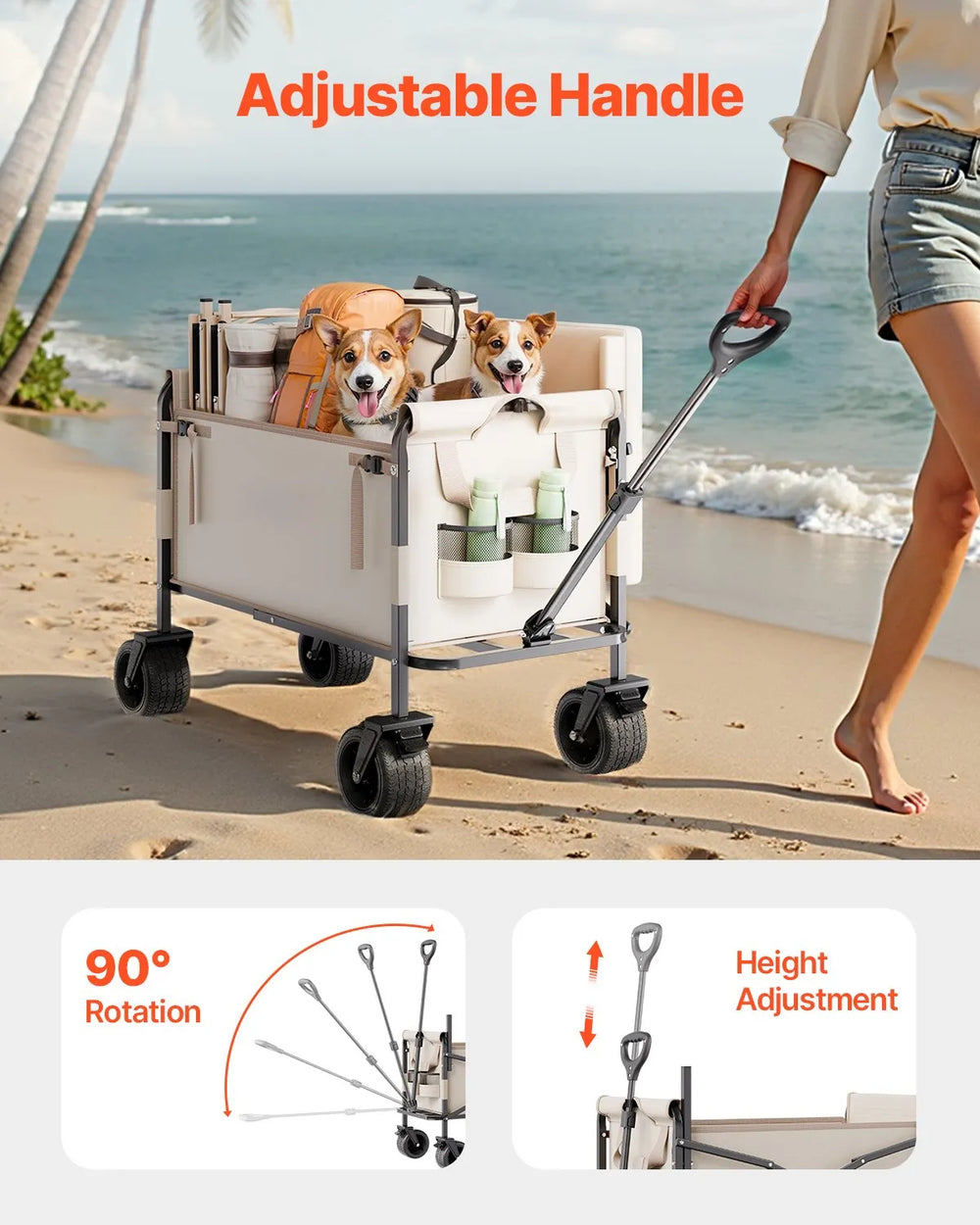 VEVOR Collapsible Folding Wagon, 550lb Load & 220L, 2 in 1 Foldable Wagon Cart Converts to Bench, Utility Wagon with Adjustable Handle, Outdoor Cart for Groceries Shopping, Camping, Gardening