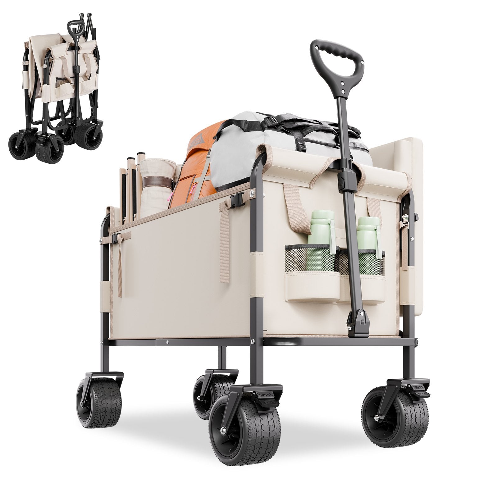 VEVOR Collapsible Folding Wagon, 550lb Load & 220L, 2 in 1 Foldable Wagon Cart Converts to Bench, Utility Wagon with Adjustable Handle, Outdoor Cart for Groceries Shopping, Camping, Gardening