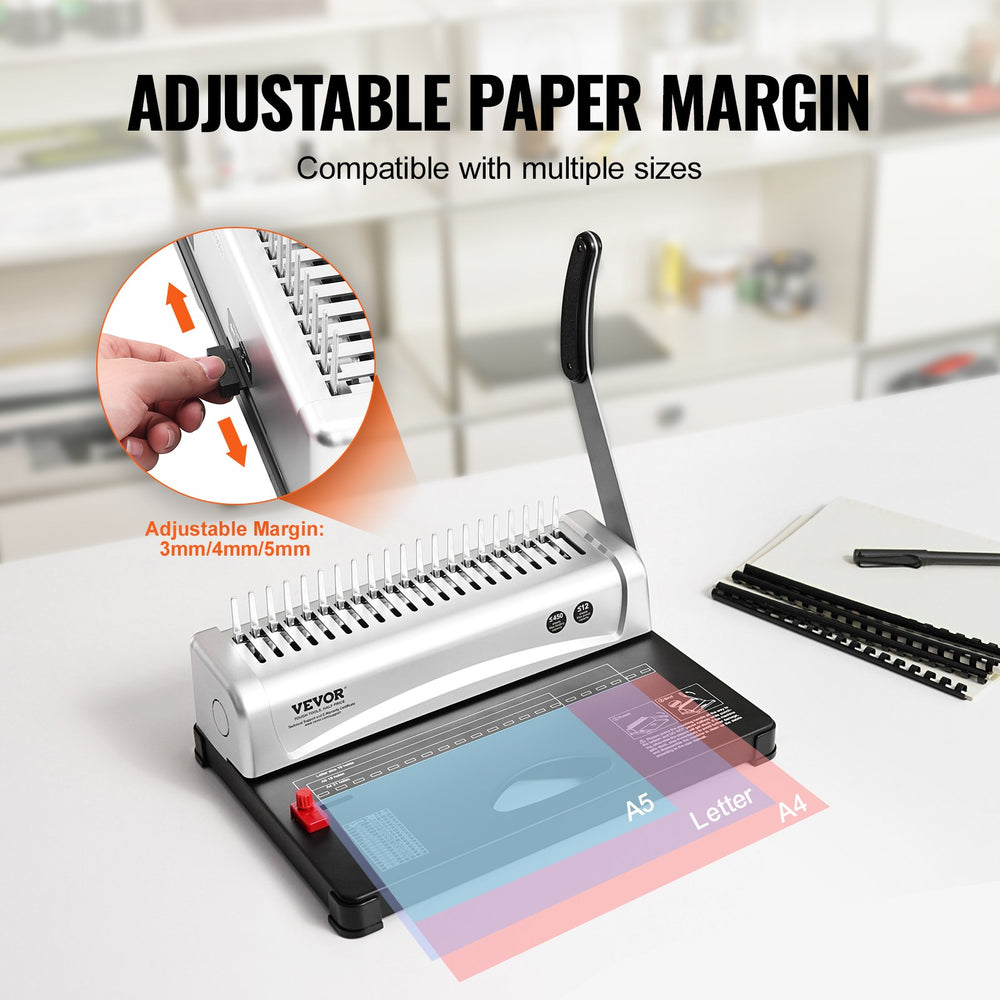 VEVOR Binding Machine, Comb Binding Machine 21-Holes Binding 450 Sheets, Book Binder Machine with 100 PCS 9.53 mm Comb Binding Spines, for Letter Size, A4, A5