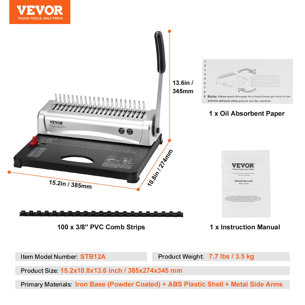 VEVOR Binding Machine, Comb Binding Machine 21-Holes Binding 450 Sheets, Book Binder Machine with 100 PCS 9.53 mm Comb Binding Spines, for Letter Size, A4, A5