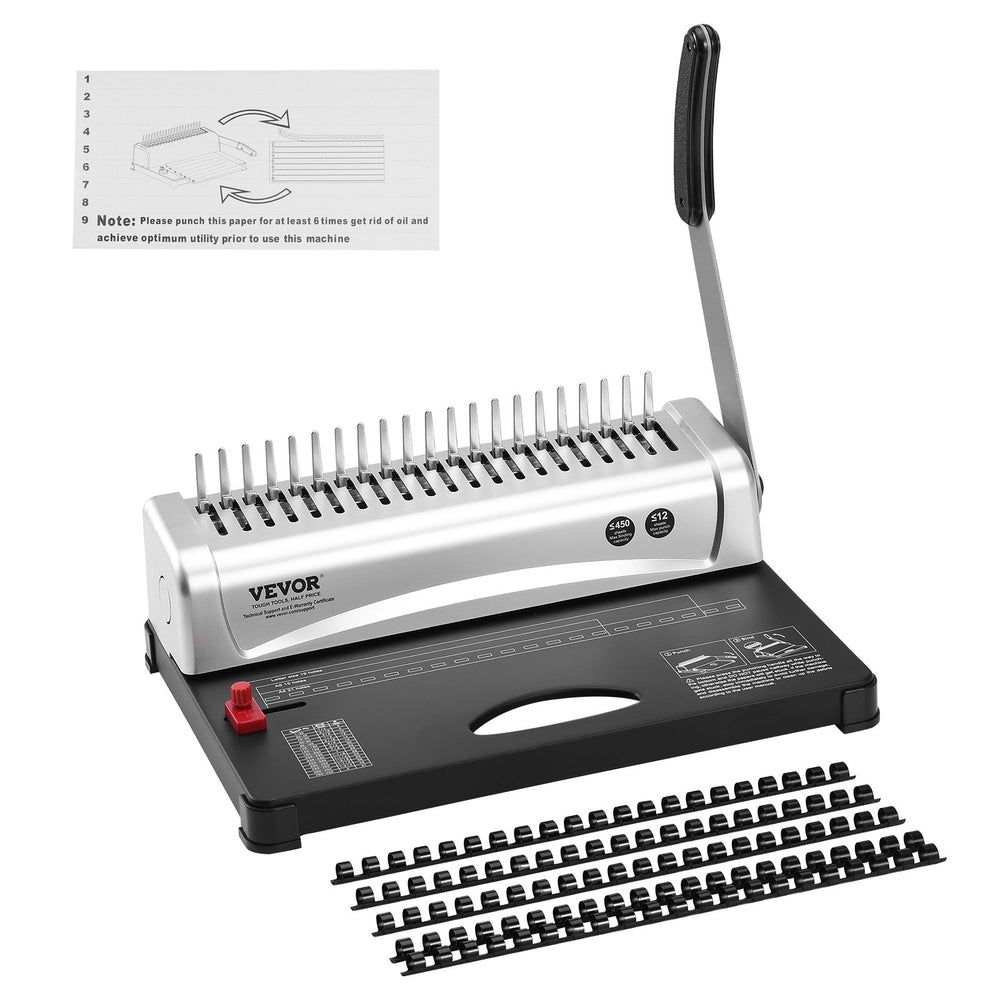 VEVOR Binding Machine, Comb Binding Machine 21-Holes Binding 450 Sheets, Book Binder Machine with 100 PCS 9.53 mm Comb Binding Spines, for Letter Size, A4, A5