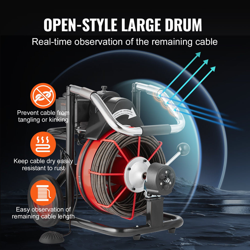 VEVOR Drain Cleaner Machine Electric Drain Auger 30.5m x 9.52mm Auto Feed