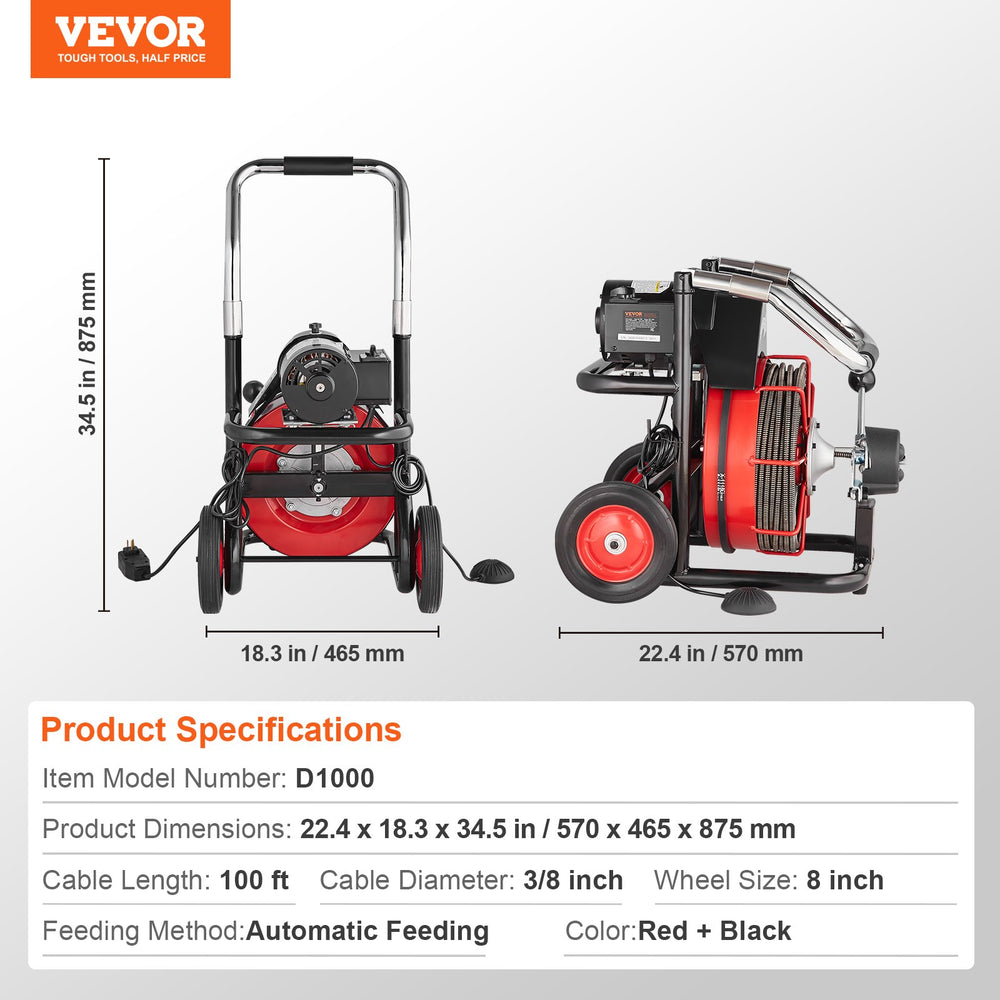 VEVOR Drain Cleaner Machine Electric Drain Auger 30.5m x 9.52mm Auto Feed