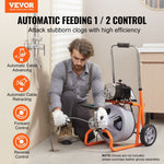 VEVOR Drain Cleaner Machine 30.5m x 9.5mm Auto Feed with Wheels & 8 Cutters