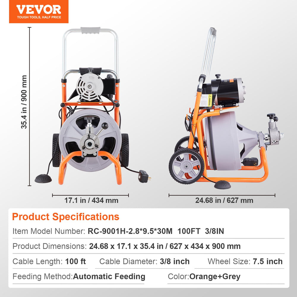 VEVOR Drain Cleaner Machine 30.5m x 9.5mm Auto Feed with Wheels & 8 Cutters
