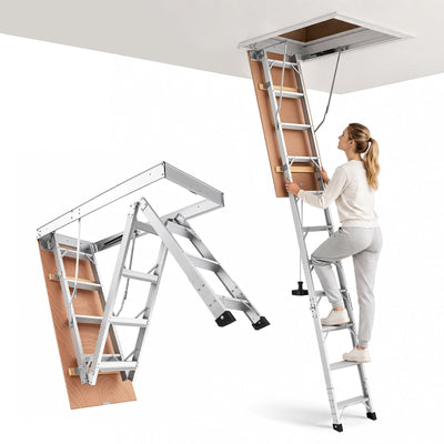 VEVOR Aluminum Attic Ladder, Fits 299-314 cm/233.5-299 cm Ceiling Height, 1372 x 572 mm Opening, 170 kg Load Capacity, Multi-Purpose Foldable Lightweight & Portable Attic Stairs for Convenient Access