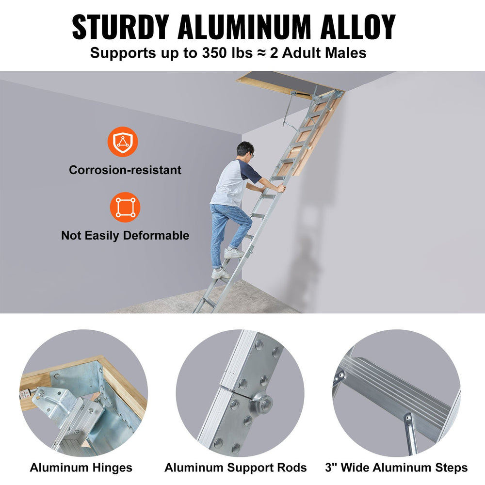 VEVOR Attic Ladder Foldable, 158.8 kg Capacity, 57.15 cm x 160 cm, Multi-Purpose Aluminium Extension, Lightweight and Portable, Fits 2.9m-3.7m Ceiling Heights, Convenient Access to Your Attic Standard