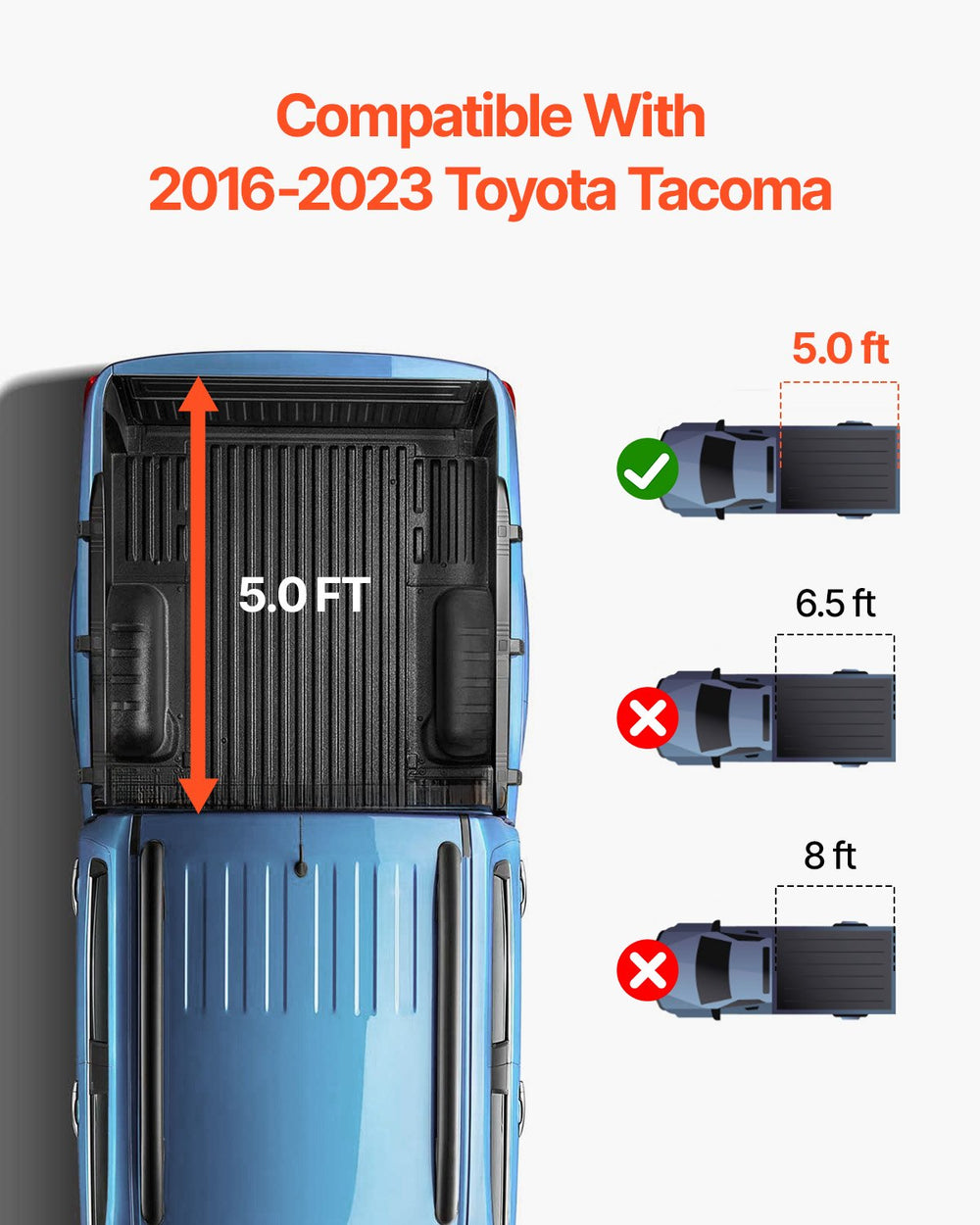 VEVOR Tri-Fold Truck Bed Tonneau Cover, Compatible with 2016-2023 Toyota Tacoma, 5' (60.5") Bed, Only Fit 5.0' x 4.6' (60.5" x 55.0") Inside Bed, 400 lbs Load Capacity, LED Light, Quick Folding, Black