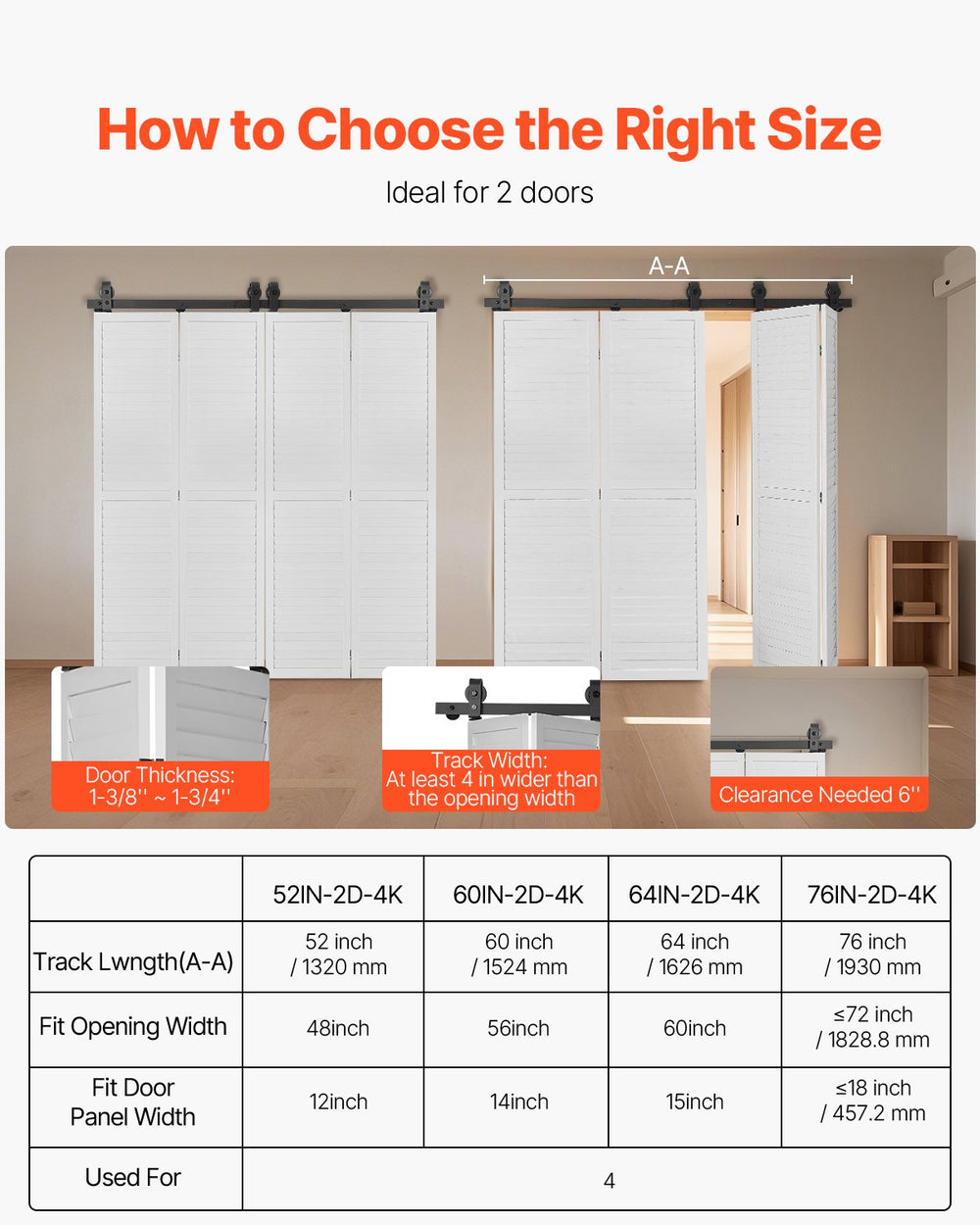 VEVOR Bi-Folding Sliding Barn Door Hardware Track Kit, 52" Top Mount Track Kit, Slide Smoothly & Quietly, Heavy Duty, Easy to Install, Suitable for Four 12" Closet Pantry Laundry Doors (Not Included)