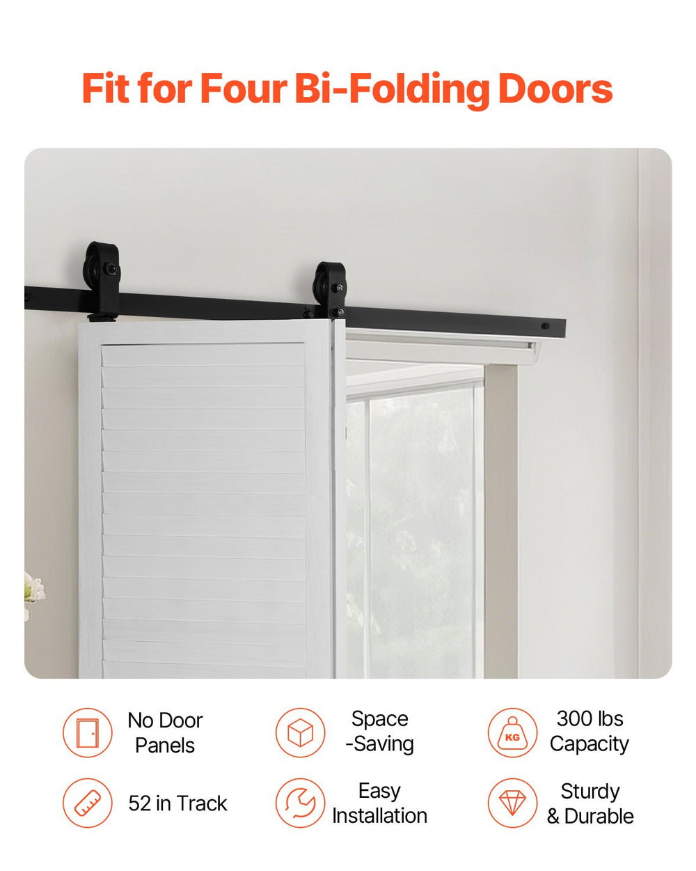 VEVOR Bi-Folding Sliding Barn Door Hardware Track Kit, 52" Top Mount Track Kit, Slide Smoothly & Quietly, Heavy Duty, Easy to Install, Suitable for Two 24" Closet Pantry Laundry Doors (Not Included)