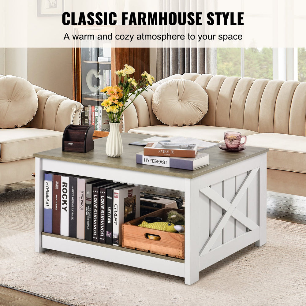 VEVOR 31.5" Farmhouse Coffee Table, Square Coffee Table with Open Storage Compartment, Wooden Rustic Cocktail Table for Living Room, Bedroom, Apartment, Studio, Gray & White