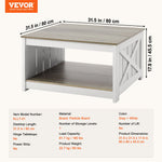 VEVOR 31.5" Farmhouse Coffee Table, Square Coffee Table with Open Storage Compartment, Wooden Rustic Cocktail Table for Living Room, Bedroom, Apartment, Studio, Gray & White