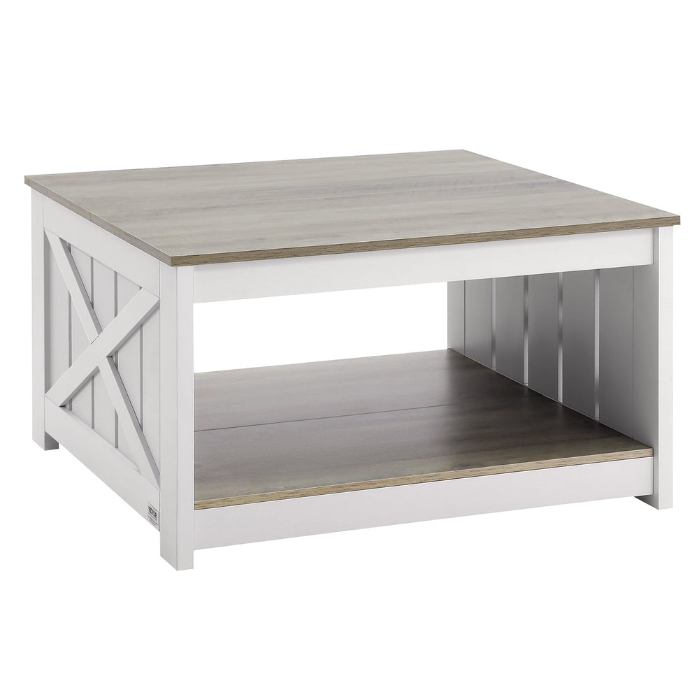 VEVOR 31.5" Farmhouse Coffee Table, Square Coffee Table with Open Storage Compartment, Wooden Rustic Cocktail Table for Living Room, Bedroom, Apartment, Studio, Gray & White