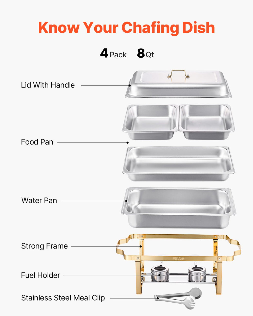 VEVOR Chafing Dish Buffet Set, 8 Qt 4 Pack, Stainless Steel Chafer with 2 Full Size and 4 Half Size Pans, Rectangle Catering Warmer Server with Lid Water Pan Stand, for Weddings Parties Banquets, Gold