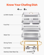 VEVOR Chafing Dish Buffet Set, 8 Qt 4 Pack, Stainless Steel Chafer with 2 Full Size and 4 Half Size Pans, Rectangle Catering Warmer Server with Lid Water Pan Stand, for Weddings Parties Banquets, Gold