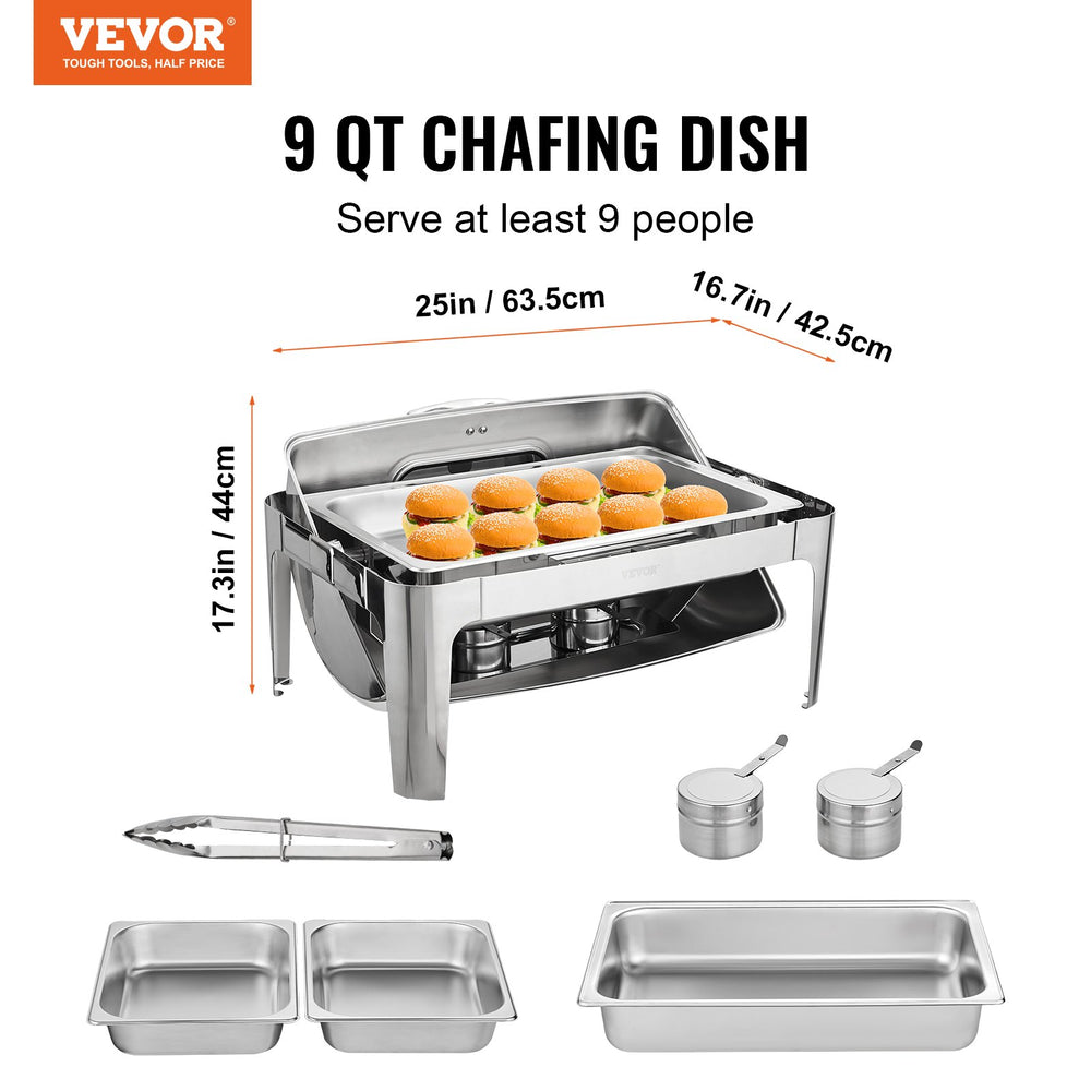 VEVOR Rectangle Roll Top Chafing Dish with 8.5L Pan Visual Glass Lid Fuel Holder